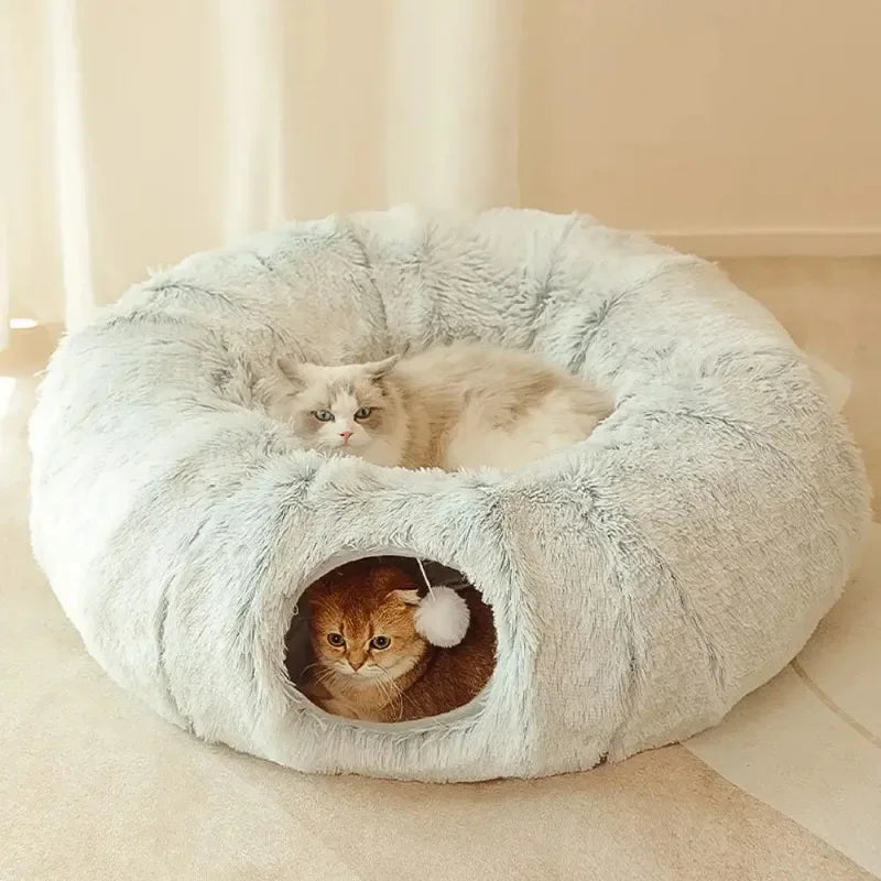 Plush Cat Tunnel Bed – Cozy Donut Bed with Peephole - Pawfectly Heaven